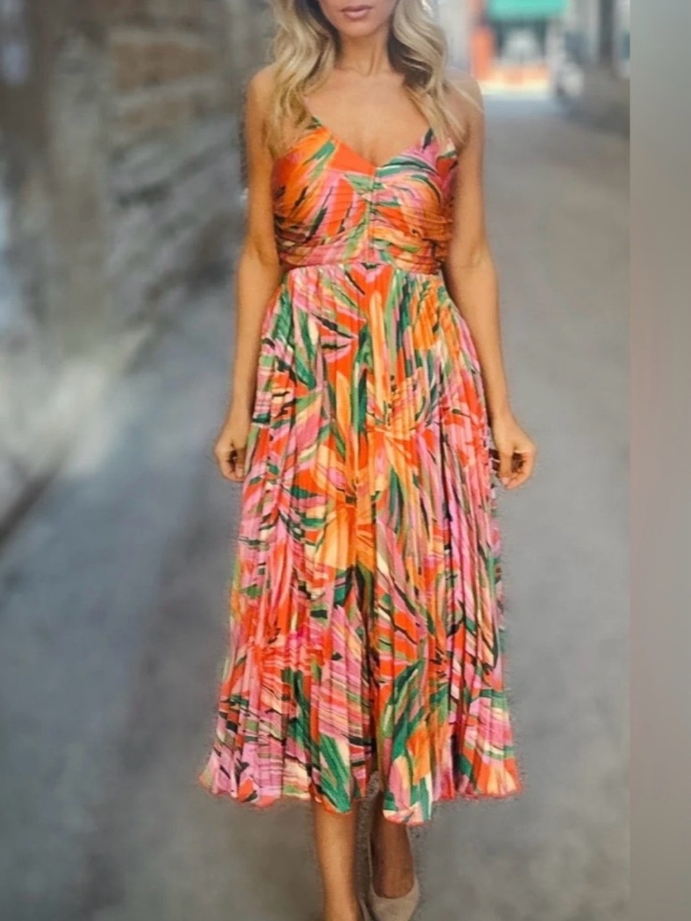 Tropical Ruched Spaghetti-Strap Maxi Dress - Pink & Green